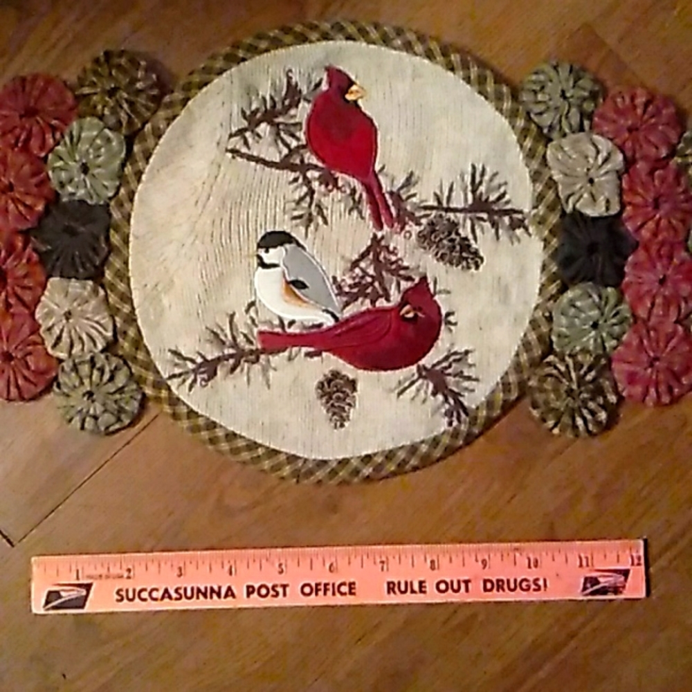🕊️ Cardinal OOAK DOILY Hand Crafted Quilted Unique "FLORAL POUFS"